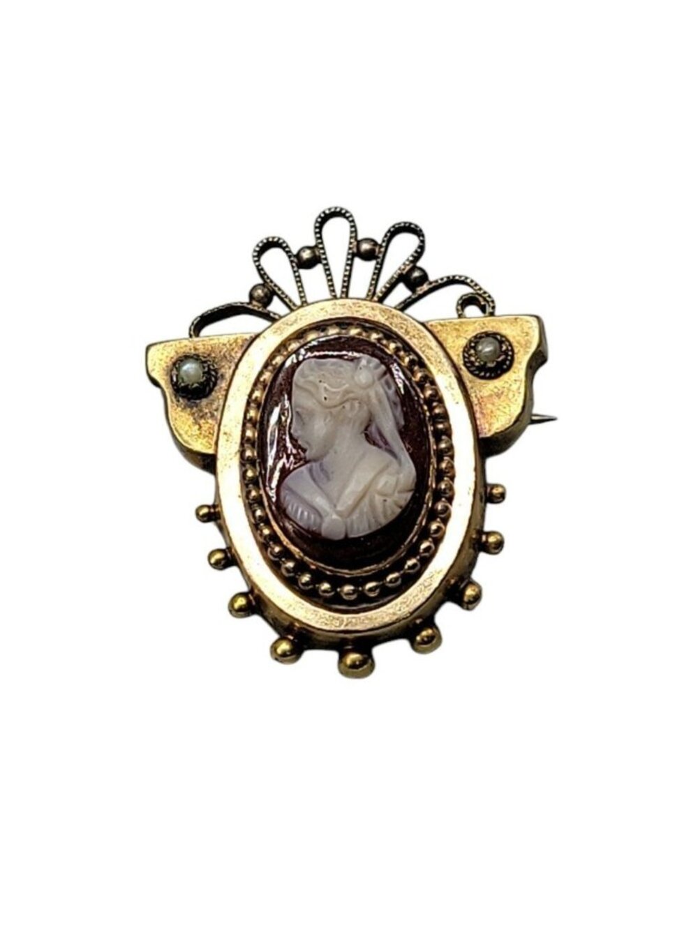 Antique Victorian Carnelian Carved Cameo Brooch Gold Plated Seed Pearl Accents - Picture 10 of 12
